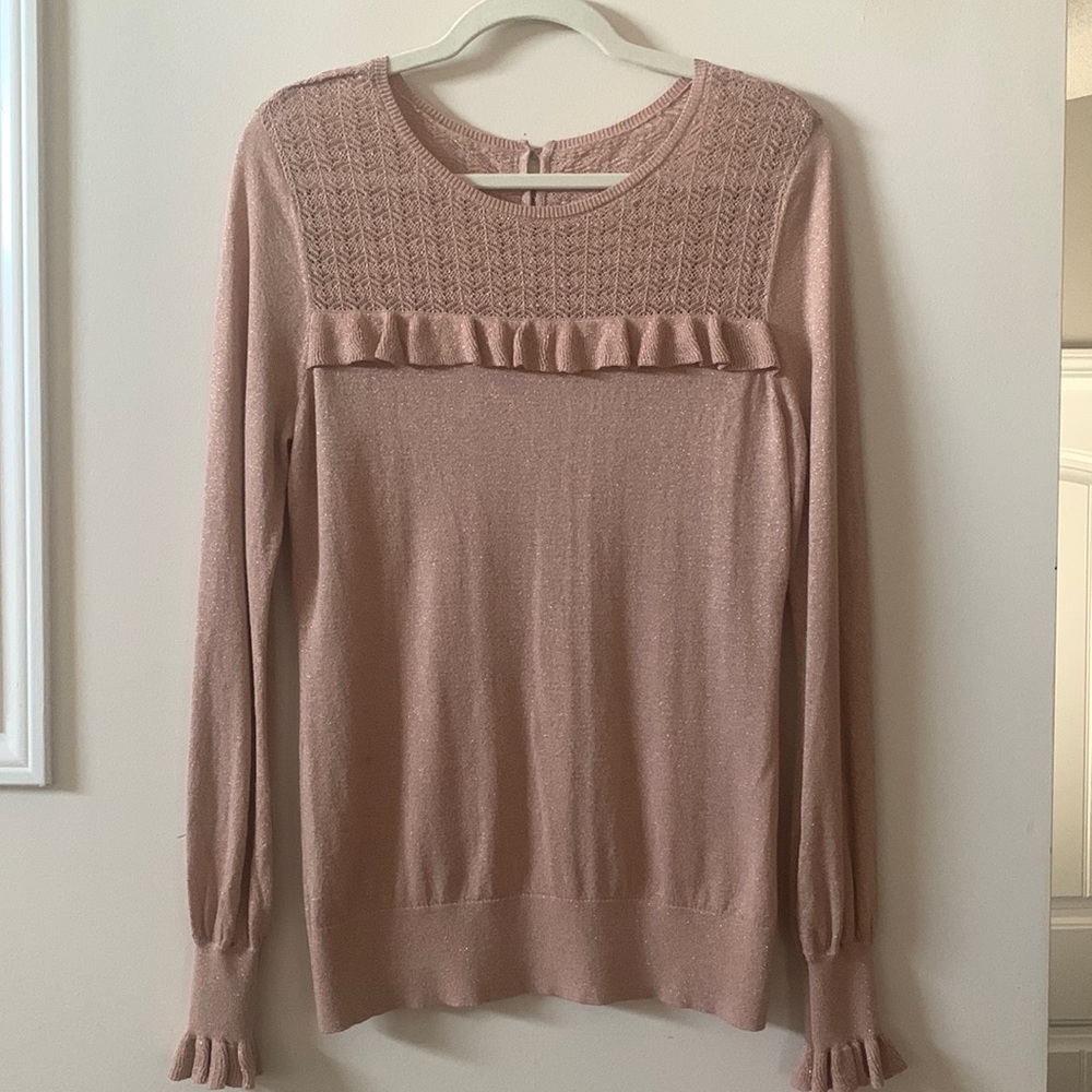 WHBM, Sz L, rose gold sweater with crochet stitch and frill detail.